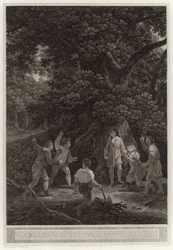 Charles II i skogen til Boscobel av English School