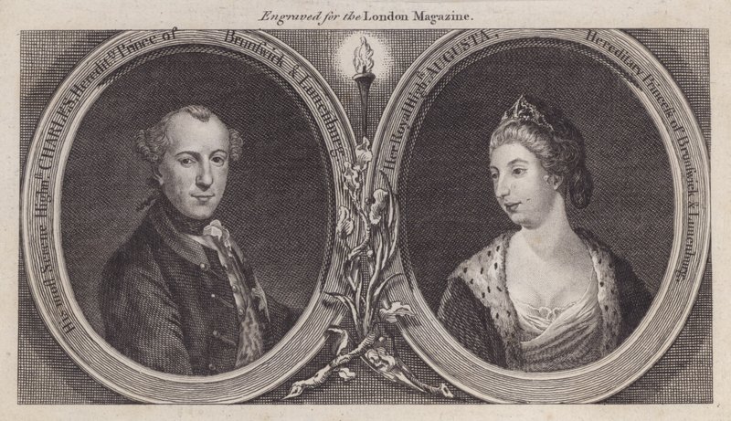 Charles William Ferdinand, hertugen av Brunswick, og hans kone, prinsesse Augusta, søster av kong George III (gravering) av English School