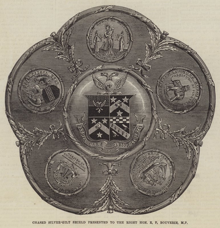 Chased Silver-Gilt Shield presentert til høyre ærede E P Bouverie, MP (gravering) av English School