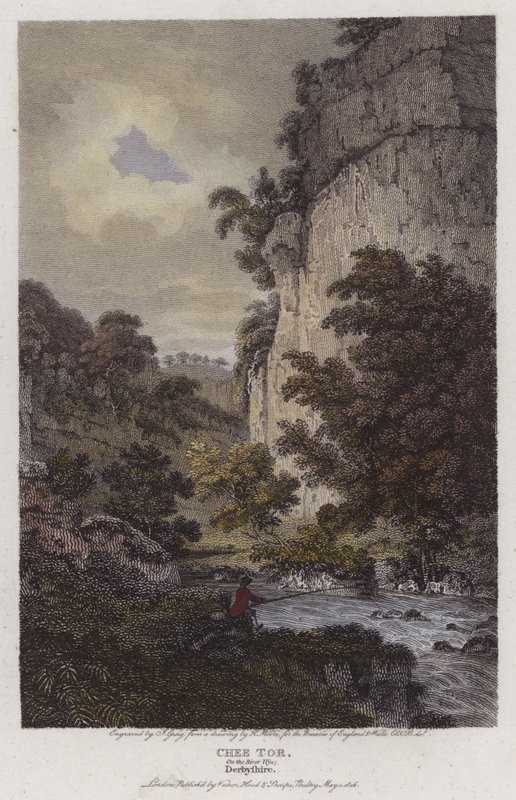 Chee Tor, ved elven Wye, Derbyshire (farget gravering) av English School