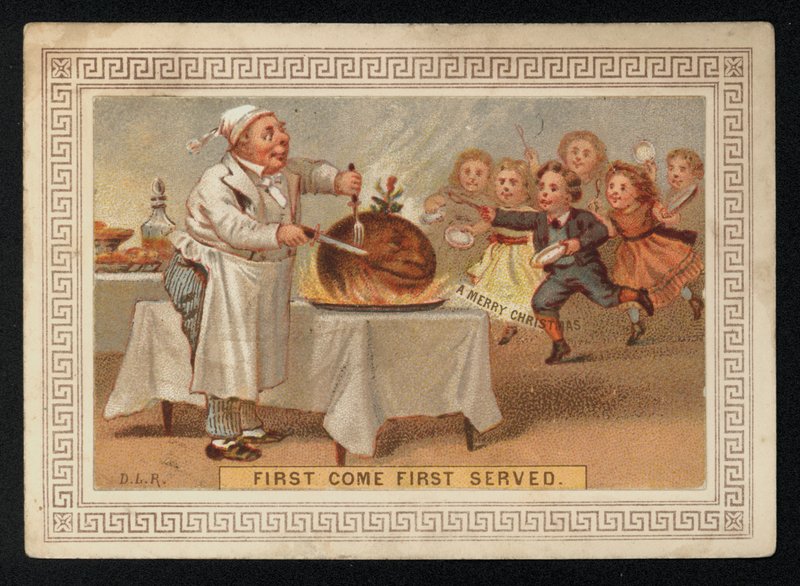 Kokken skjærer opp en plommepudding, julehilsenskort. (chromolitho) av English School