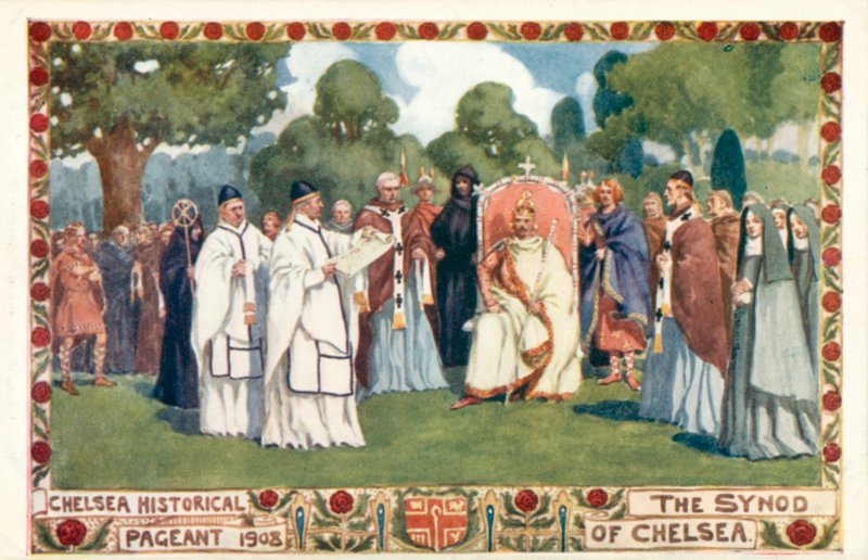 Chelsea Historical Pageant 1908, synoden i Chelsea (farge litho) av English School