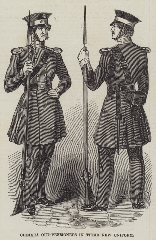 Chelsea utpensjonister i sin nye uniform (gravering) av English School