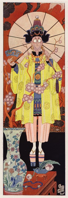 Chevalier de Villeclos i kinesisk drakt (farge litho) av English School