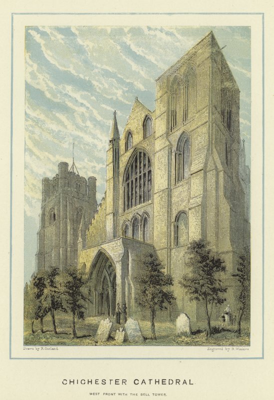 Chichester Cathedral, vestfront med klokketårnet av English School