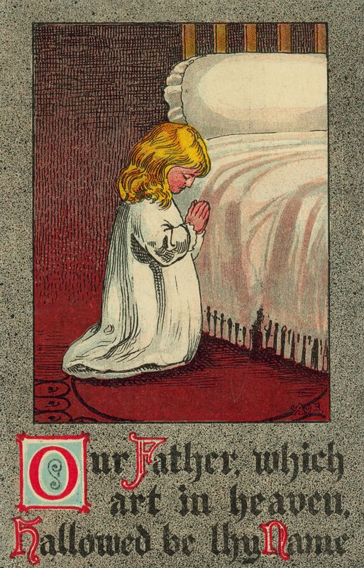 Barn ved leggetid resiser Herrens bønn (farge litho) av English School