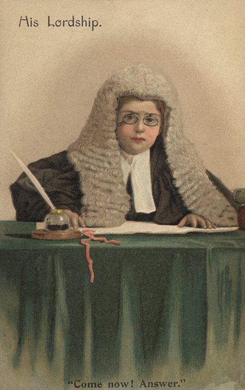 Barn kledd som dommer (farge litho) av English School