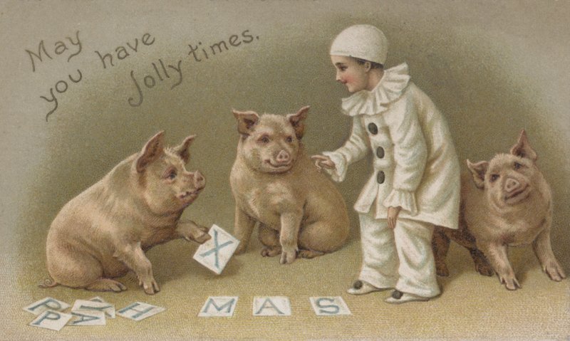 Barn i en Pierrot-kostyme med tre griser, julekort (chromolitho) av English School