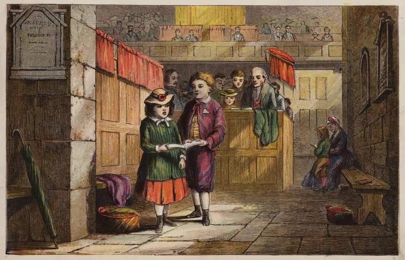Barn i en kirke (farget gravering) av English School