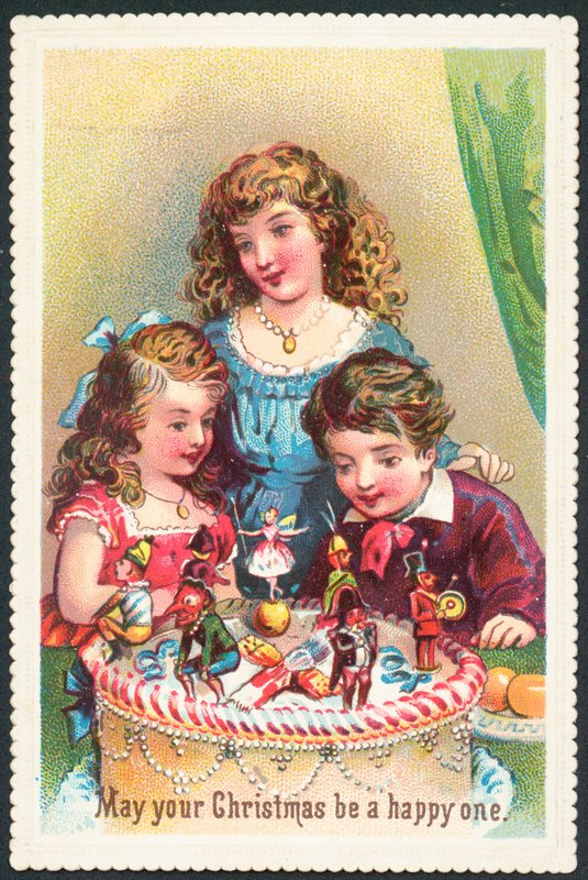 Barn ser på julekake, julekort av English School