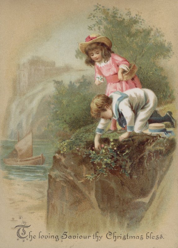 Barn plukker blomster på en elvebredd, julekort (chromolitho) av English School