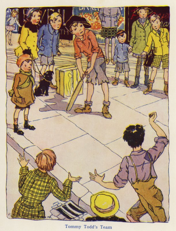 Barn som spiller cricket på gaten (farge litho) av English School