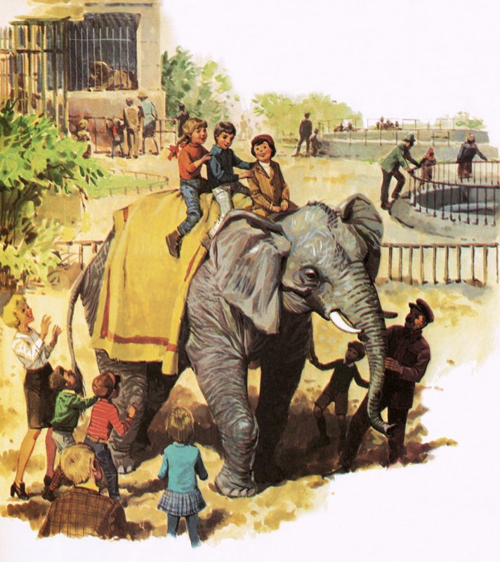 Barn som rir Jumbo i London Zoo av English School