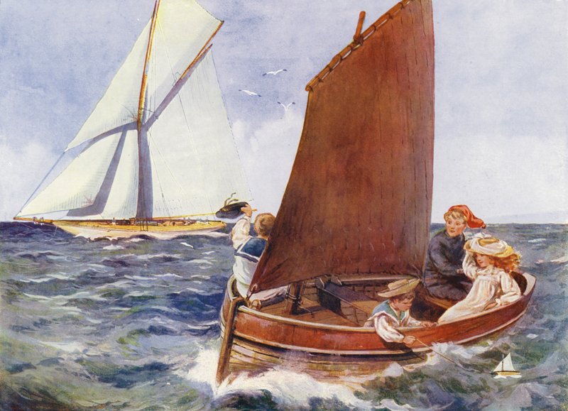 Barn som seiler og ser på en forbipasserende yacht (farge litho) av English School