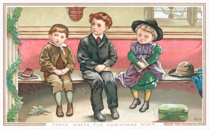 Barn som sitter i kirken, julekort av English School