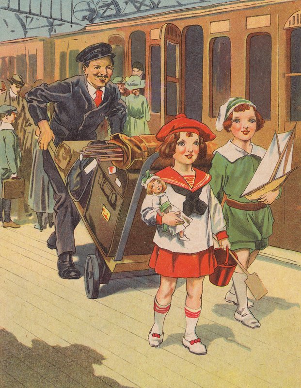 Barn som reiser med tog i ferien (farge litho) av English School