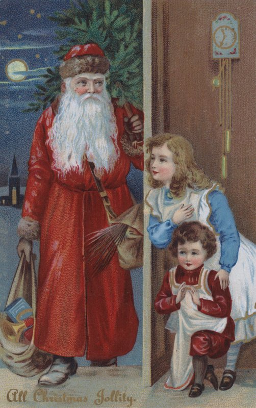 Barn som venter på julenissen, julekort (chromolitho) av English School