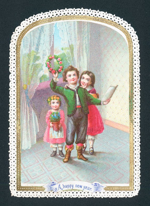 Barn med krans og blomster, nyttårskort av English School