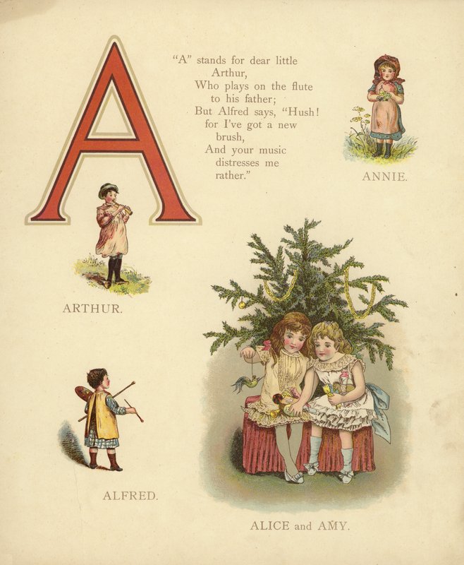 Barnas navn: Annie, Arthur, Alfred, Alice, Amy (farge litho) av English School