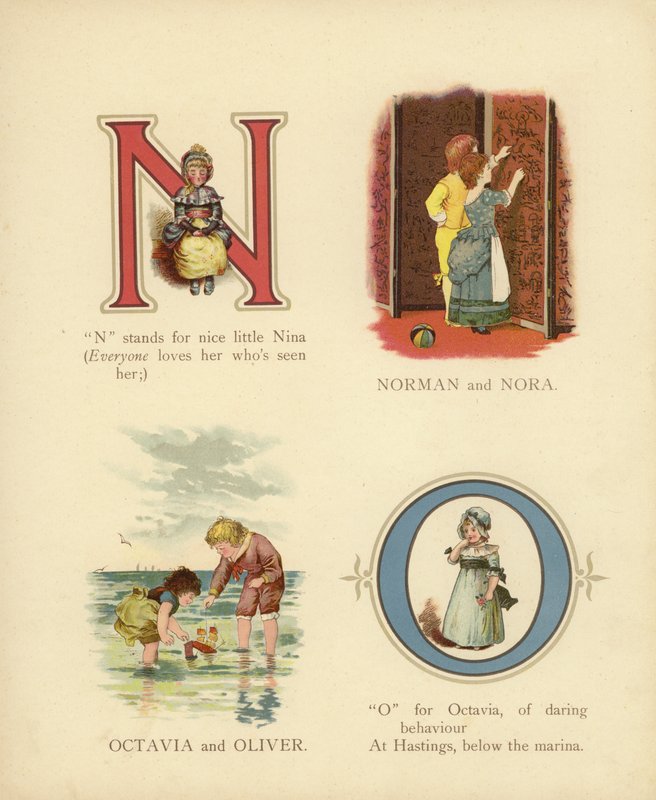 Barnas navn: Norman, Nora, Octavia, Oliver (farge litho) av English School