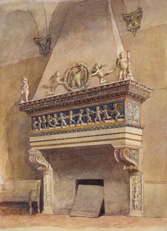 Skorsteinsstykke delle Agneli, Ducal Palace, Urbino, Italia (farge litho) av English School