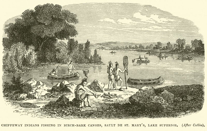 Chippeway-indianere som fisker i bjørkebark-kanoer, Sault de St Marys, Lake Superior av English School