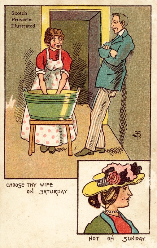 Velg din kone på lørdag, ikke på søndag (farge litho) av English School