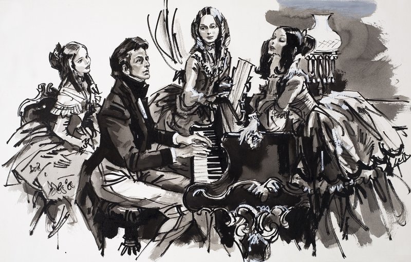 Chopin med kvinnelige beundrere (gouache på papir) av English School