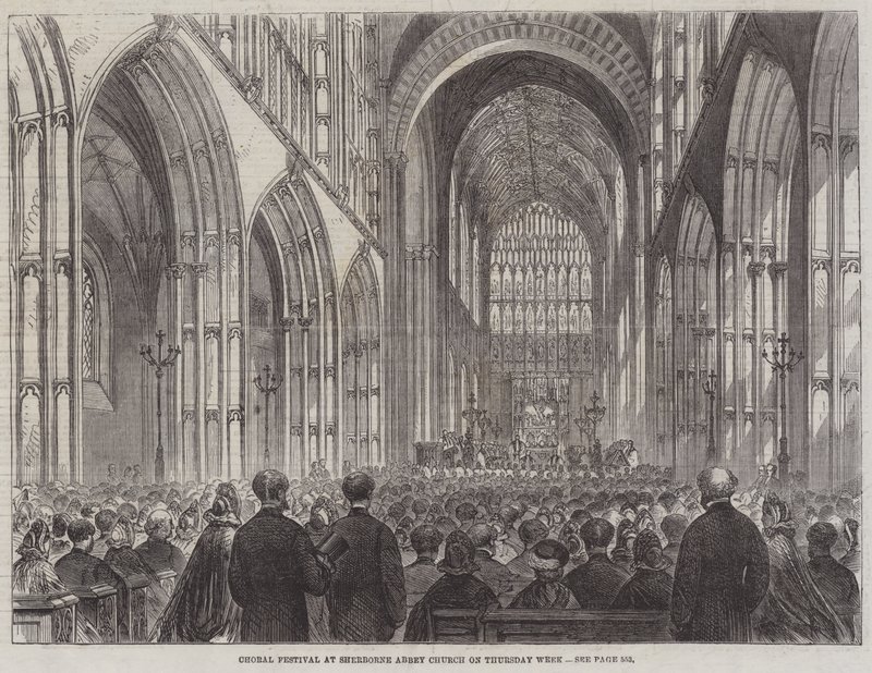 Korfestival i Sherborne Abbey Church torsdag uke (gravering) av English School