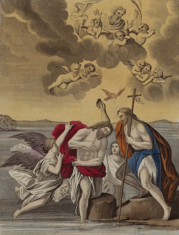 Kristus døpt (farge litho) av English School