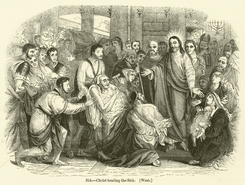 Kristus helbreder de syke, vest (gravering) av English School