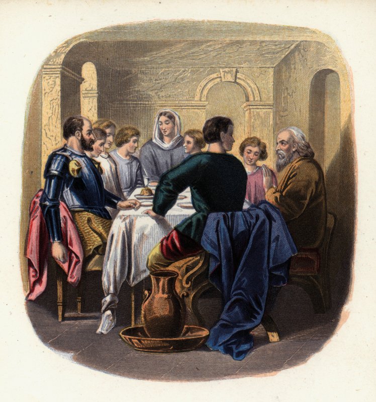 Christiana og pilegrimene ved huset til Gaius, en illustrasjon fra The Pilgrim