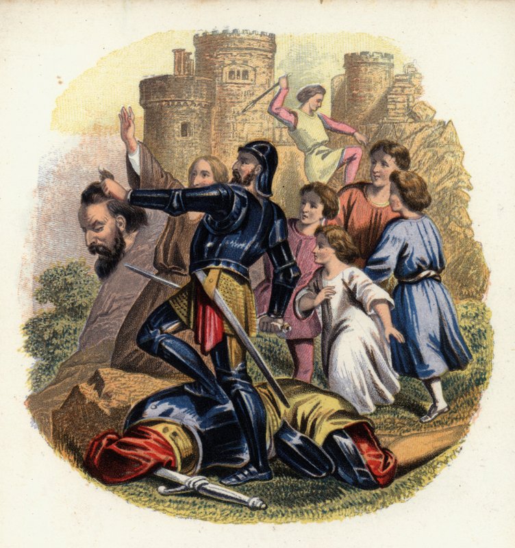 Christiana og pilegrimene ser på mens Greatheart dreper Giant Despair, en illustrasjon fra The Pilgrim