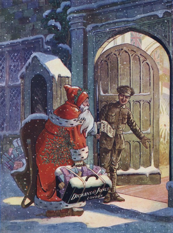 Juleannonse som viser julenissen som tar med gaver til soldater fra første verdenskrig fra varehuset Dickins og Jones (farge litho) av English School