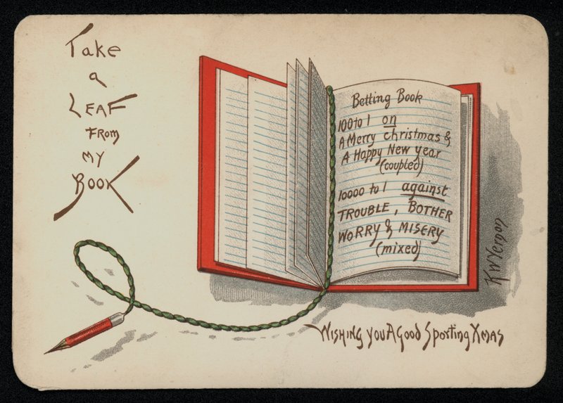 Jul og nyttårsønsker avbildet i en tippebok, gratulasjonskort. (chromolitho) av English School