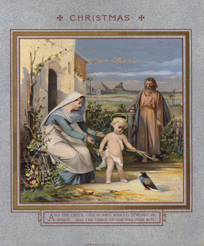 Julekort: Jesus leker med en due, overvåket av foreldrene (chromolitho) av English School