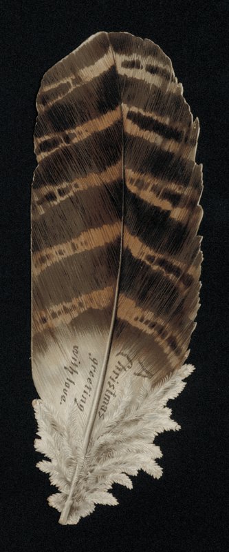 Julekort i form av en fjær, gratulasjonskort. (chromolitho) av English School