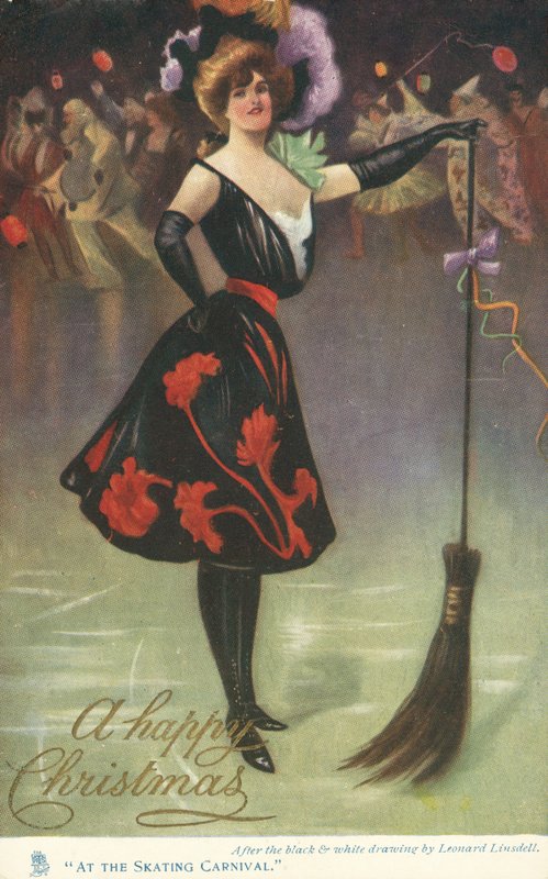 Julekort med skøytebane (farge litho) av English School