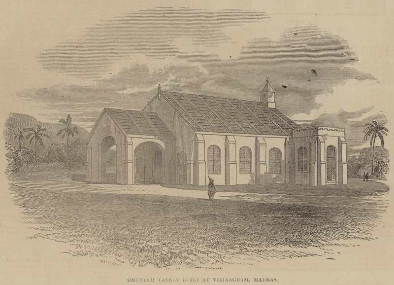 Latili kirke bygget Atu Vizinagaram, Madras (gravering) av English School