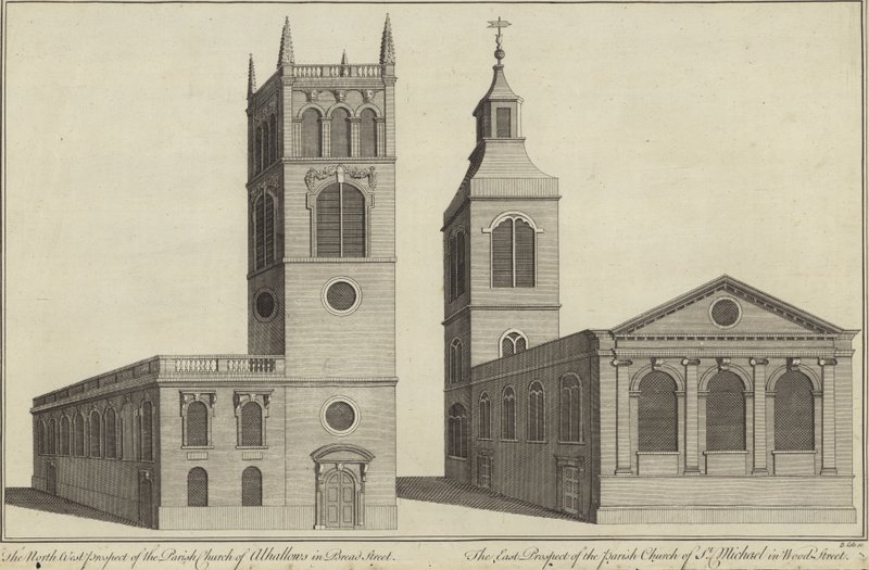 Church of Allhallows i Bread Street og Church of St Michael i Wood Street, London av English School