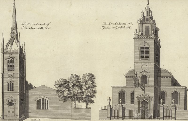 Church of St Dunstan i øst og Church of St James Garlickhythe, London av English School
