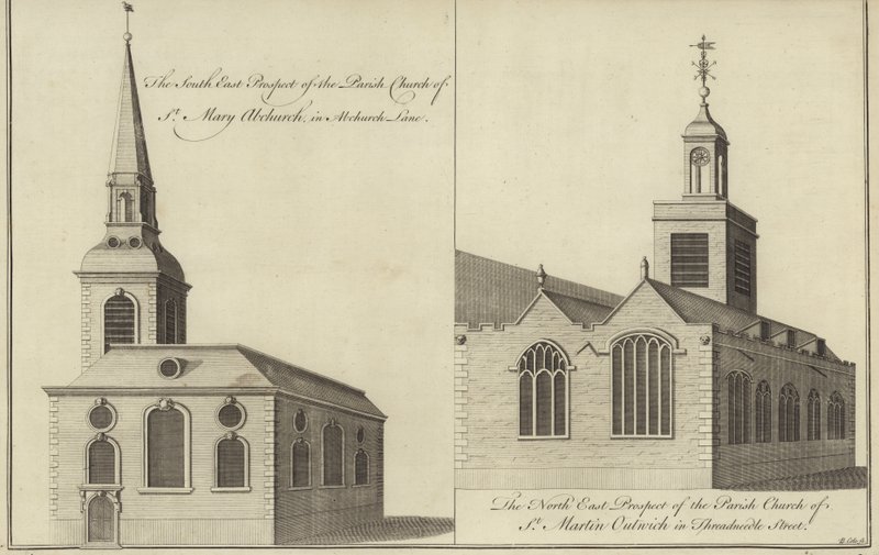 Church of St Mary Abchurch, Abchurch Lane og Church of St Martin Outwich i Threadneedle Street, London av English School