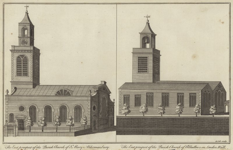 Church of St Mary, Aldermanbury og Church of Allhallows på London Wall, London av English School