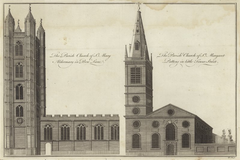 Church of St Mary Aldermary i Bow Lane og Church of St Margaret Pattens i Little Tower Street, London av English School