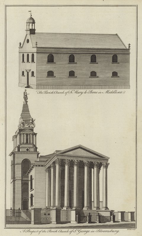 Church of St Marylebone i Middlesex og Church of St George i Bloomsbury, London av English School