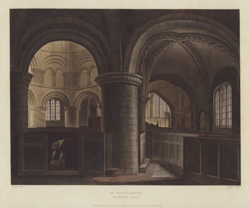 Church of the Holy Sepulcher (Rundkirken), Cambridge (farget gravering) av English School