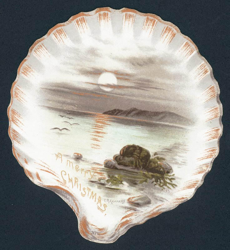 Muslingskjell med bilde av havet, julekort av English School