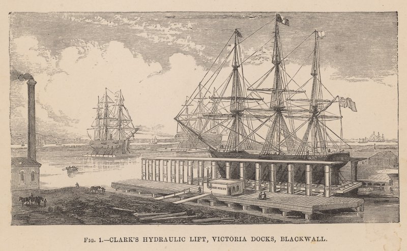 Clarks hydraulisk heis, Victoria Docks, Blackwall av English School