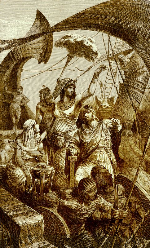 Cleopatra at the Battle of Actium, illustrasjon fra The Illustrated History of the World, publisert ca. 1880 (digitalt forbedret bilde) Cleopatra VII (69-30 f.Kr.), siste farao i det gamle Egypt; Kamp o av English School
