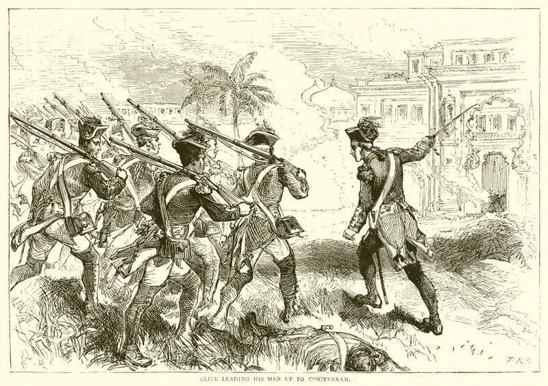 Clive leder mennene sine opp til Conjeveram (1751) av English School
